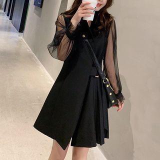 Mesh Panel Side Tie Long-sleeve A-line Dress