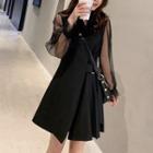 Mesh Panel Side Tie Long-sleeve A-line Dress