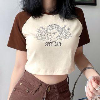 Short-sleeve Print Raglan Cropped T-shirt