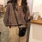 3/4-sleeve Plaid Blouse Brown Coffee - One Size