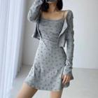 Set: Long-sleeve Smiley Face Print Button-up T-shirt + Spaghetti Strap Mini A-line Dress