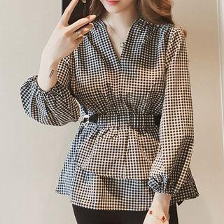 Belted Waist Gingham V-neck Top