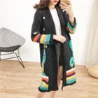Open-front Printed Long Knit Cardigan Black - One Size