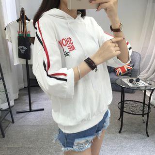 Striped Lettering Hooded Elbow-sleeve T-shirt