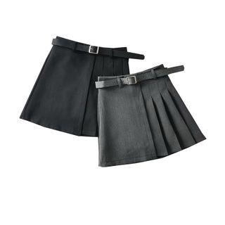 Belt Pleated Mini A-line Skirt