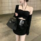 Cropped Cardigan / Halter Crop Top / Drawstring Mini Skirt