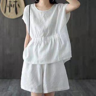 Set: Plain Blouse + Wide Leg Shorts