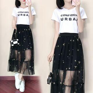 Set: Short-sleeve Letter T-shirt + Sheer Midi Skirt