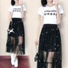 Set: Short-sleeve Letter T-shirt + Sheer Midi Skirt
