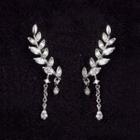 925 Sterling Silver Rhinestone Leaf Earring 1 Pair - Earrings - Tassel - Leaf - Sme - One Size