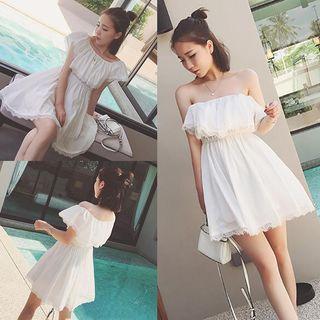 Plain Lace Trim Off Shoulder Short Sleeve Chiffon Dress