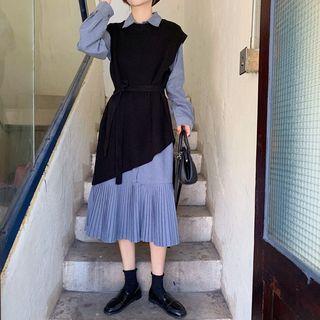 Long-sleeve Pleated Shirtdress / Plain Knit Vest