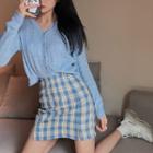 Pointelle Knit Cardigan / Plaid Mini Pencil Skirt