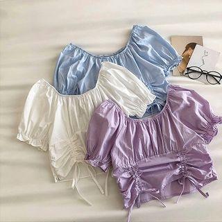 Plain Crewneck Drawcord Puff-sleeve Blouse