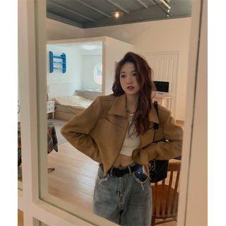 Collar Zip-up Cropped Jacket Brown - One Size