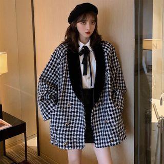 Houndstooth Double-breasted Coat / Tie-neck Boxy Shirt