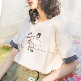 Cartoon Print Paneled Short-sleeve T-shirt
