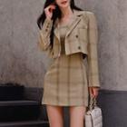 Set: Plaid Cropped Blazer + Spaghetti Strap Mini Sheath Dress