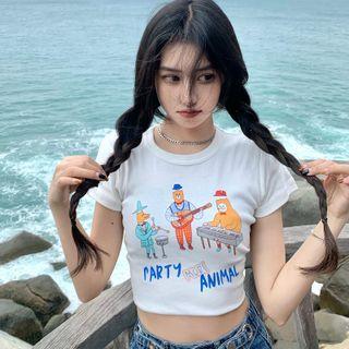 Printed Cropped T-shirt White - One Size