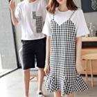 Couple Matching Short-sleeve Plaid Panel T-shirt / Mini Dress