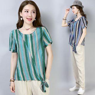 Striped Short-sleeve Tie-hem Top