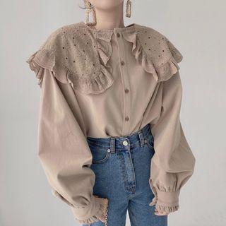 Bishop-sleeve Embroidered Frill Trim Collar Blouse