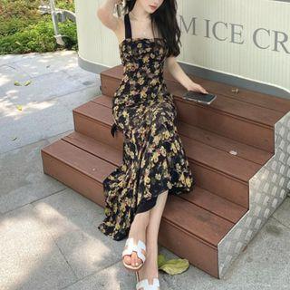 Sleeveless Cross-back Floral Print Maxi A-line Dress