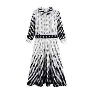 Long-sleeve Two-tone Patterned Midi A-line Dress