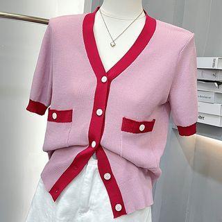 Short-sleeve Contrast Trim Cardigan / Wide Leg Shorts