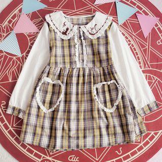 Cat Embroidered Plaid Panel Long Sleeve Dress
