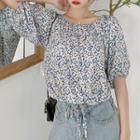 Puff Sleeve Drawstring Floral Cropped Top
