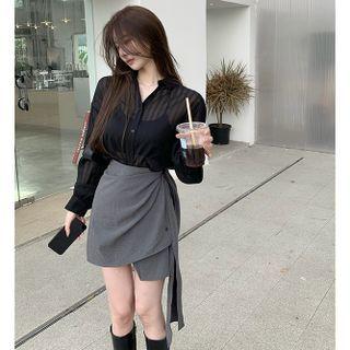 Long-sleeve See-through Blouse / High-waist Plain Skirt