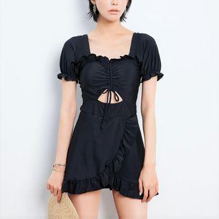 Puff-sleeve Drawstring Ruffle Swim Dress
