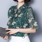 Bell Elbow-sleeve Floral Print Chiffon Top
