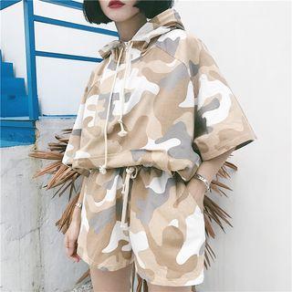 Set: Short Sleeve Camouflage Hooded Top + Drawstring Camouflage Shorts