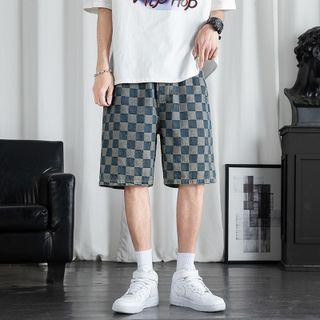 Plaid Straight Cut Denim Shorts