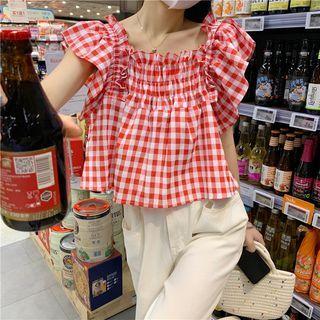 Cap-sleeve Gingham Flowy Blouse