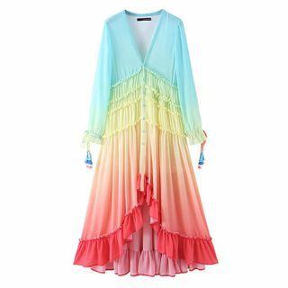 Long-sleeve Ruffled Rainbow Midi A-line Dress