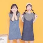 Striped Elbow-sleeve T-shirt / Denim Pinafore Dress