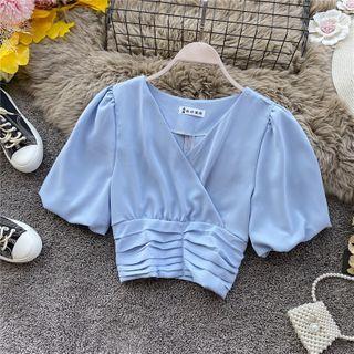 V-neck Balloon-sleeve Cropped Blouse