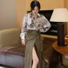 Long-sleeve Print Shirt / Tie-waist Slit Midi Skirt