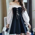 Mock Two-piece Off-shoulder Long-sleeve Mini A-line Dress
