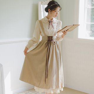 Set: Long-sleeve Frill Trim Collar Blouse + Lace-up Midi A-line Suspender Skirt