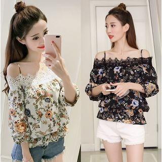 Floral Print Lace Panel Off-shoulder Spaghetti Strap Top
