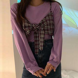 Long-sleeve Plain T-shirt / Spaghetti Strap Plaid Crop Top