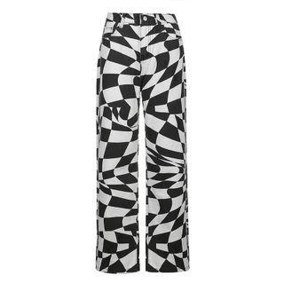 Irregular Checkered Straight Leg Jeans