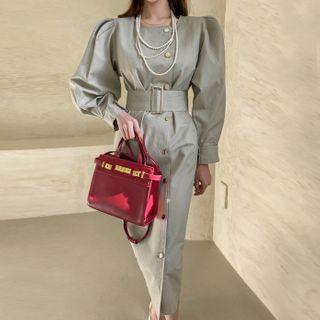 Bishop-sleeve Belted Coatdress