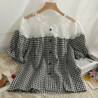 Lace-panel Checkerboard Loose Blouse White - One Size