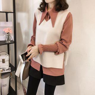 Set: Plain Long-sleeve Shirt + V-neck Vest