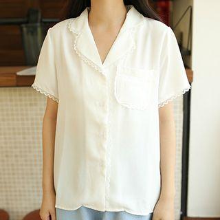 Lace Trim Short-sleeve Lapel Collar Chiffon Shirt